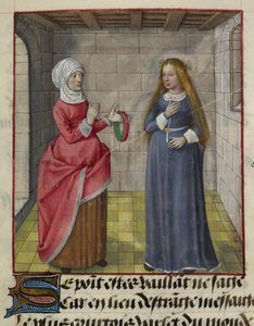 Detalj av en miniatyr av la Vieille (Duenna) och Bel Accueil (Fair Welcome), från "Le Roman de la Rose" av Unknown artist
