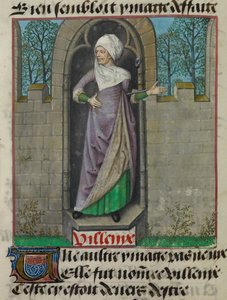 Detalj av en miniatyr av den allegoriska gestalten Vilenie (Villainy), i den andra kolumnen av folion, från "Le Roman de la Rose" av Unknown artist