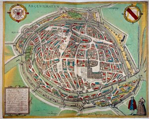 Detaljerad karta över staden Strasbourg gjord av Abraham Hogenberg (ca 1608-1653). Gravyr av 1600-talets Paris B.N. av Unknown artist