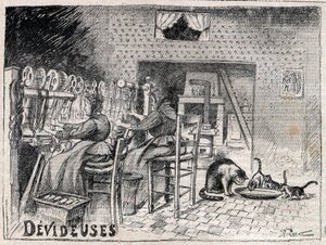 Devideuses - Atelier de Canut - interiör av en sidenvävarverkstad i Lyon gravyr i "Le Progres illustrious"" från 1895 av Unknown artist
