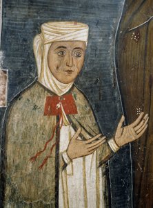 Troende Saramalyna Anastasia i 1300-talskläder, fresk i den bysantinska kyrkan Our Lady of Asinou (1100-talet) (Unescos världsarvslista, 2001), Troodosbergen, Cypern av Unknown artist