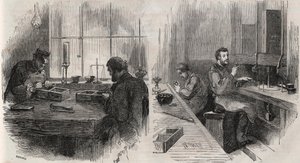 Diamantskärning i en verkstad i Nederländerna: klyvar och polermaskiner - Gravering i "" Le Monde Illustré"" av Unknown artist