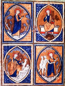 Olika stadier av världsskapandet representerade i mandorles. Miniatyr från ett 1200-talsmanuskript. Porto, kommunala biblioteket av Unknown artist