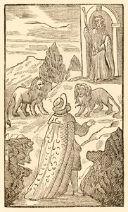 Svårigheter ligger bakom, rädsla är före från Pilgrimernas framsteg från denna värld, till det som ska komma av John Bunyan (1628-1688) Christian passerar mellan lejonen när portvakten vaksam ser på av Unknown