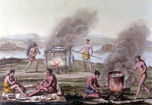 Mat- och matlagningsscen bland Florida-indianerna. 1600-talsgravyr. av Unknown artist