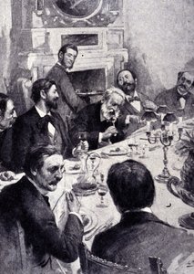 Middag vid bordet av Victor Hugo med Jean Mounet Sully (Mounet-Sully) (1841 - 1916), fransk skådespelare. Gravyr av 1800-talet. av Unknown artist
