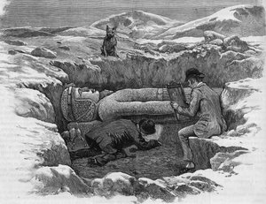 Upptäckte den kolossala statyn av Rhamses II. Hieroglyfer beräknas med hjälp av en spegelreflektion. Gravyr från 1886. av Unknown artist