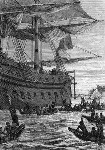 Discovery des Indes: Wallis resa i Stilla havet; Ursprungsbefolkningen kommer att träffa kolonerna - i "" Les Voyageurs du 18eme et 19eme ecle", av Jules Verne, red. Hetzel et Cie, Paris. av Unknown artist