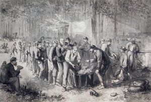 Utdelning av ransoner till nordamerikansk militärenhet, USA, amerikanska inbördeskriget, gravyr av Unknown artist
