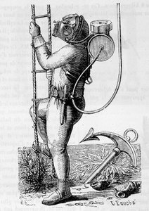 Dykare belagd med gummikläder och regulatortank - i "" The wonders of science", av Louis Figuier av Unknown artist