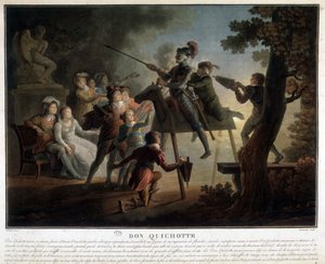 Don Quijote och Sancho på en trähäst. av Unknown artist