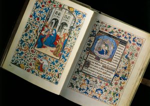 Dubbelsida av ett öppet manuskript (bok): den Helige Andes nedstigning. Miniatyr efter Breviary of Mary of Burgundy av Unknown artist