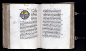Dubbelsida med den schematiska kartan över världen på T-O (TO) modellen, tre kontinenter är representerade (Asien, Afrika och Europa). Manuskript "" Ethymologies"" (Etymologiae) av Isidorus (Isidore av sevilla) (560/570-636) 1100-talet. 1472 av Unknown artist