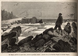Dr Hayes, anländer till det fria havet av den arktiska polen, syftet med sin expedition, planterar den amerikanska stjärnbanern. Gravyr för att illustrera resan till den arktiska polens fria hav, av doktor Hayes, kirurg vid den amerikanska flottan, 1860-18 av Unknown artist
