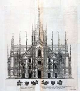 Ritning av fasaden på Duomo i Milano som visar dess enhetlighet med byggnadens kropp. Många arkitektoniska projekt ritades runt 1600-talet för att fullborda fasaden som hade förblivit ofullbordad. av Unknown artist