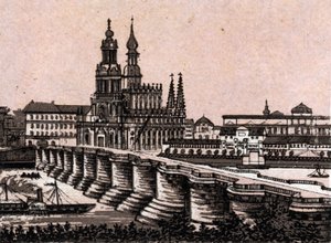 Dresden, Tyskland: utsikt över Augustus-bron i Dresden. i "" Världen illustrerar 168 vyer"" Odaterat (slutet av 1800-talet) av Unknown artist