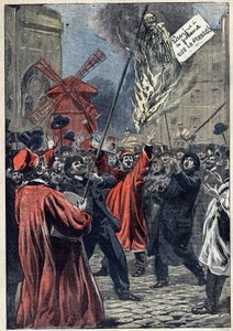 Fallet Dreyfus - Paris - 1898: antisemitmanisfestation i Montmartre. En bild av Martin Dreyfus, Alfreds bror, är brulee på torget, med en skylt hängande på hans hals: ”Dreyfus har galgen. Länge leve Frankrike!" Illustration i "" Le Pelerin"" av J av Unknown artist