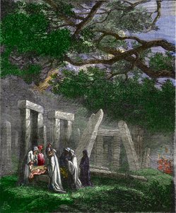 Druider som praktiserar ett människooffer vid Stonehenge stoppas av romerska soldater - Människooffer av druiderna en Stonehenge stannar av de romerska soldaterna under ritualen - Färgstick av 1800-talet av Unknown artist