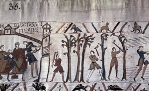 Hertig Guillaume beordrade byggandet av fartyg, träd höggs ner - Bayeux gobeläng, känd som Broderi av drottning Mathilde av Unknown artist