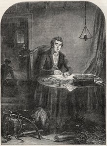 Duke of Wellington (Arthur Wellesley (1769-1852) Duke of Wellington) skriver utskick efter Waterloo, 19 juni 1815 - gravyr 1852 av Unknown artist