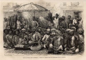 Durbar (feodalt och juridiskt råd i en furstlig stat) i Maharaja Rana, i kungariket Dholepore (Rajasthan). Engravure pour illustrrer l