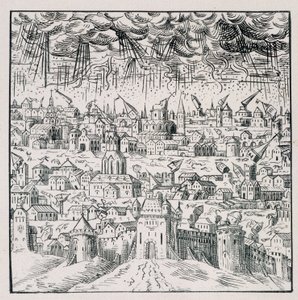 Jordbävning i Baden - i "" Samling av 39 figurer som representerar Frankrikes katastrofer från 1562 till 1586"; Louis Perrin tryckning av Unknown artist