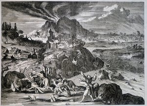 Jordbävning i Tokyo 1650 - gravyr av Unknown artist