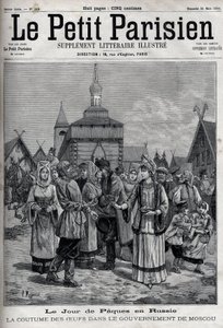 Påskdagen i Ryssland: seden med ägg i Moskva-regeringen. Hängslen från invånarna som erbjuder röda ägg för att fira Kristi uppståndelse. Gravyr i "" Le Parisien"" av Unknown artist