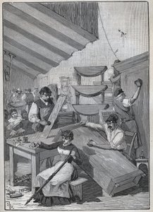Ebenisterie: stämpellackeringsverkstad. Gravyr från 1885 i "" Les arts et metiers illustres"" av Adolphe BITARD. av Unknown artist