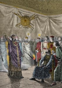 Edmund Rich, ärkebiskop av Canterbury, hotar att bannlysa Henry III - Saint Edmond of Cantorbery (1170-1242), detta Saint Edme (Edmund Rich) hot mot excommunier Henry III Plantagenet (1207-1272) - Gravyr i "The Histoire d