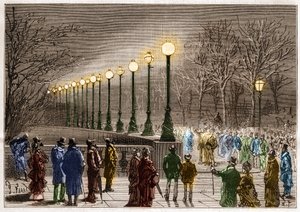 Elbelysning: golvlampor från Victoria quay i London, Storbritannien. Gravyr i "" La Nature"" av Unknown artist