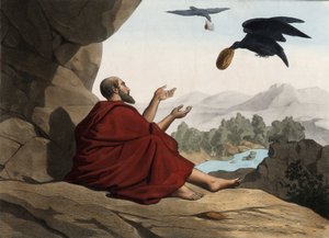 Elia, gömd av Keriths ström, matas av kråkorna. Anonym gravyr från mitten av 1800-talet. av Unknown artist