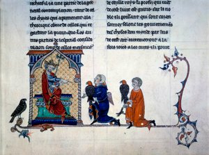 Kejsar Fredrik II (1194-1250) tar emot falkonerare i miniatyr från "Konsten att jaga med fåglar" av Unknown artist