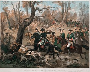 Kejsar Napoleon III (1808-1873) och hans hustru Eugenia de Montijo (1826-1920) vandrar genom skogen Compiegne Litografi i färg runt 1855 Milan Museo del Risorgimento av Unknown artist