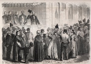 Kejsar Napoleon III (1808-1873) på terrassen till villan Strauss a Vichy, hälsad av folket på landsbygden söndagen den 7 juli 1861 - Gravyr i "" Den illustrerade världen" av Unknown artist