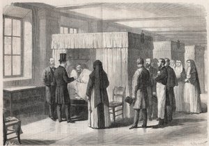 Kejsar Napoleon III (1808-1873) besöker rummen på Hotel Dieu (Hotel-Dieu) för kolerapatienter och pratar med dem - Gravyr i "" Den illustrerade världen"" av Unknown artist