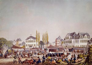 Kejsar Napoleon I (1769-1821) granskar trupperna i Frankfurt. Gravyr från 1813. Frankfurt, Historiskt museum av Unknown artist