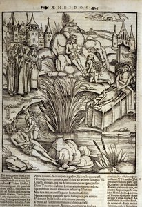 Eneide de Virgil (70 f.Kr.-19 f.Kr.), Bok XII, den trojanska hjälten Enee behandlas mirakulöst av Venus, han bestämde sig då för att storma staden Latinus. Kungen av Lazio dör (höger) och det är Enee som kommer att bli kungen som märger dottern till framli av Unknown artist