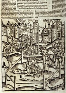 Eneide de Virgil (70 f.Kr.-19 f.Kr.), Bok XII, dödar de trojanska hjältarna Enee i en Turnus-strid under ögonen på latinerna och Rutules. Xylografi av Sebastian Brant (1458-1521). Strasbourg av Unknown artist