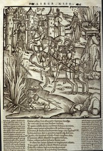 Eneide de Virgil (70 f.Kr.-19 f.Kr.), bok XIII (supplementum), de trojanska hjältarna Enee tar emot latinerna, uppoffringar görs för att hedra krigets offer. Xylografi av Sebastian Brant (1458-1521). Strasbourg av Unknown artist