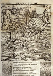 Eneide de Virgil (70 f.Kr.-19 f.Kr.), de trojanska hjältarna Enee och hans följeslagare korsar ett hav fullt av siren. Xylografi av Sebastian Brant (1458-1521). Strasbourg av Unknown artist