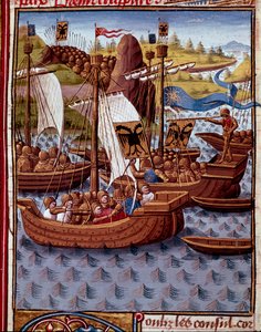 Fiender anländer till Rom för att be om fred från romarna Miniatyr från "" Roman History"" (Ad urbe condita) av Titus Live (59 f.Kr.-17 e.Kr.) (Titus Livius), översatt av Pierre Bressuire (ms. 310) 1450- 1500 - Chantilly, musee Conde - Fienderna kommer til av Unknown artist