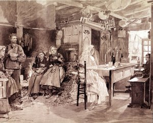 Gravyr som föreställer en bretonsk legend om att spöken från människor som dog till sjöss skulle presentera sig för sina nära och kära varje 1 november. av Unknown artist