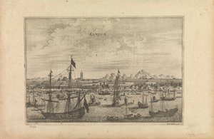 Gravyr med titeln "Kanton 1655", som är konstnärens intryck av Kanton från en båt år 1655 av Unknown artist