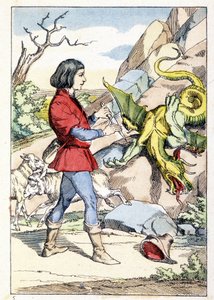 Gravyr som föreställer en pastor med en kniv redo att möta en drake. Odjuret stelnade så fort pastorn öppnade sin kniv. Saga av Charles Perrault: ""Flöjten och den förtrollade kniven"" av Unknown artist