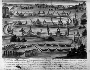 De franska ambassadörernas inträde i Siamfloden - i "" Voyages of the Kingdom of Siam, historisk 1688". av Unknown artist