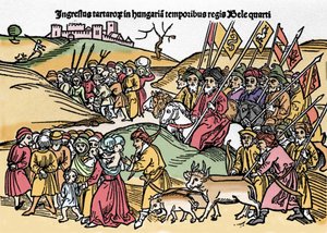 Tartarernas intåg i Ungern under Bela IV (1235-1270) av Ungern. Gravyr från "Chronica Hungariae". Biblioteca Marciana, Venedig. av Unknown artist