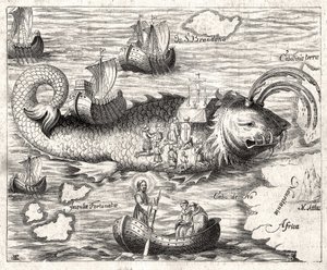 Avsnitt av Legenden om Saint Brandan (Brendan): en fantastisk resa för den irländska abbeden från 600-talet på jakt efter ett jordiskt paradis. Tryck från 1621. av Unknown artist