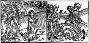 Avsnitt av Saint Donats liv (död omkring 355) Gravyr från "Leben der Heiligen - sommerteil" (Helgonets bok) av Jacobus (James) av Voragine (1228-1298). Lübeck 1488. av Unknown artist