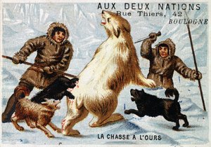Eskimåer, björnjakt, butiksannonsering "" aux deux nations", Boulogne, v. 1895 av Unknown artist